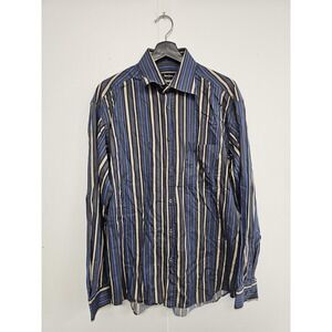 Neiman Marcus Shirt Mens Large Blue Beige Stripe‎ Made In Italy Cotton Dress